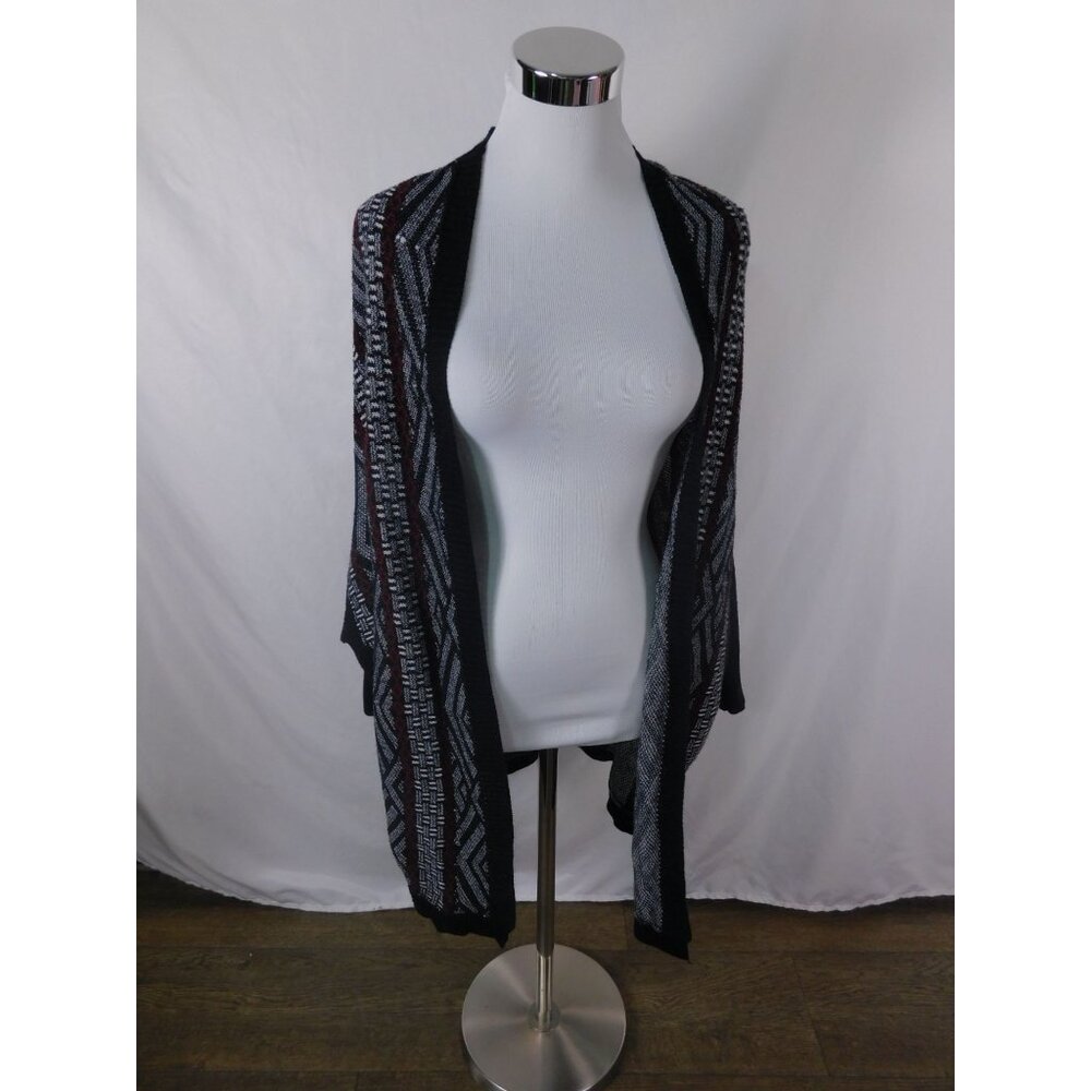 Open Front Knit Cardigan S/M Black Red Geometric Pattern Sweater